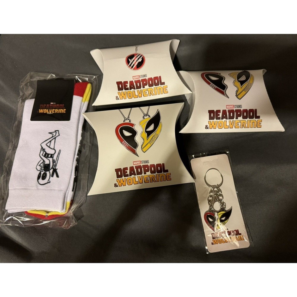 Lot Deadpool & Wolverine Dave & Busters Promo Keychain BFF Bracelets Socks, Pin